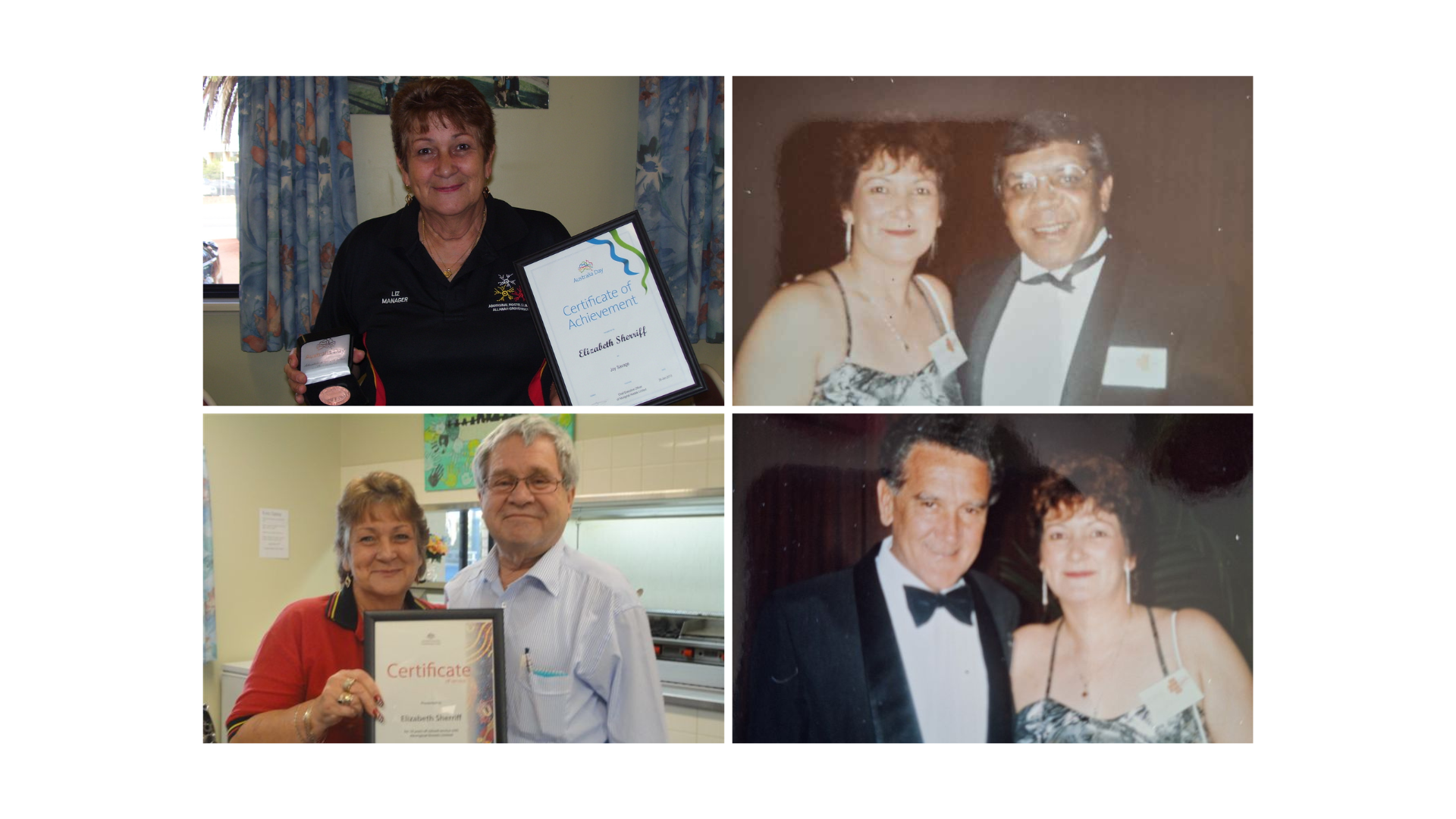 Top left: Elizabeth with her Australia Day Award. Top right: Elizabeth Sherriff with Lionel Rose MBE. Bottom left: Elizabeth with former AHL General Manager Keith Clarke OAM. Bottom right: Elizabeth Sherriff with Uncle Charlie Perkins AO.