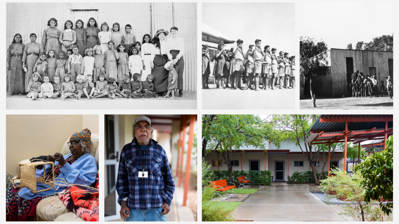 Top left: Topsy Smith 1874–1960 – pictured second from the left. (Source: Library and Archives NT). Top middle: Band of The Bungalow, Alice Springs (Source: National Archives of Australia) Top right: Another view of The Bungalow, Alice Springs (Source: National Archives of Australia) Bottom left and middle: Topsy Smith Hostel residents. Bottom right: Topsy Smith Hostel today.